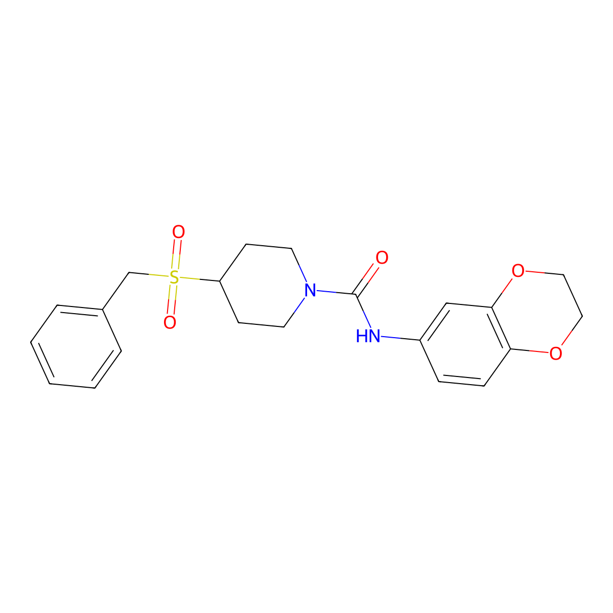 4-(benzylsulfonyl)-N-(2,3-dihydrobenzo[b][1,4]dioxin-6-yl)piperidine-1-carboxamide molecular structure, CAS 2034467-44-0