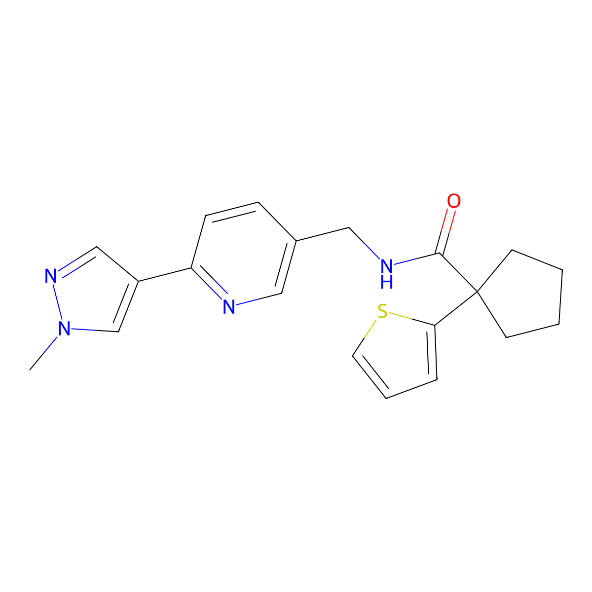 N-((6-(1-methyl-1H-pyrazol-4-yl)pyridin-3-yl)methyl)-1-(thiophen-2-yl)cyclopentanecarboxamide molecular structure, CAS 2034467-45-1