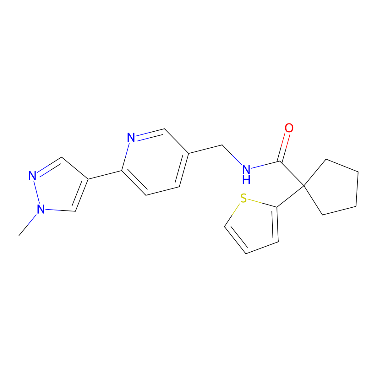 N-((6-(1-methyl-1H-pyrazol-4-yl)pyridin-3-yl)methyl)-1-(thiophen-2-yl)cyclopentanecarboxamide molecular structure, CAS 2034467-45-1