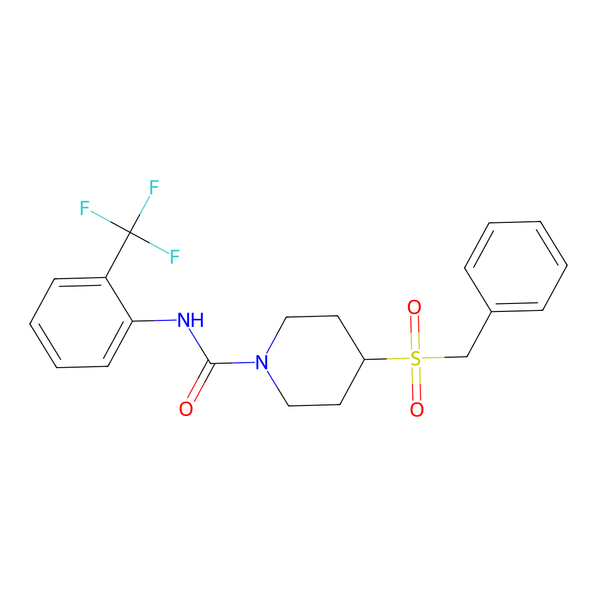 4-(benzylsulfonyl)-N-(2-(trifluoromethyl)phenyl)piperidine-1-carboxamide molecular structure, CAS 2034467-56-4