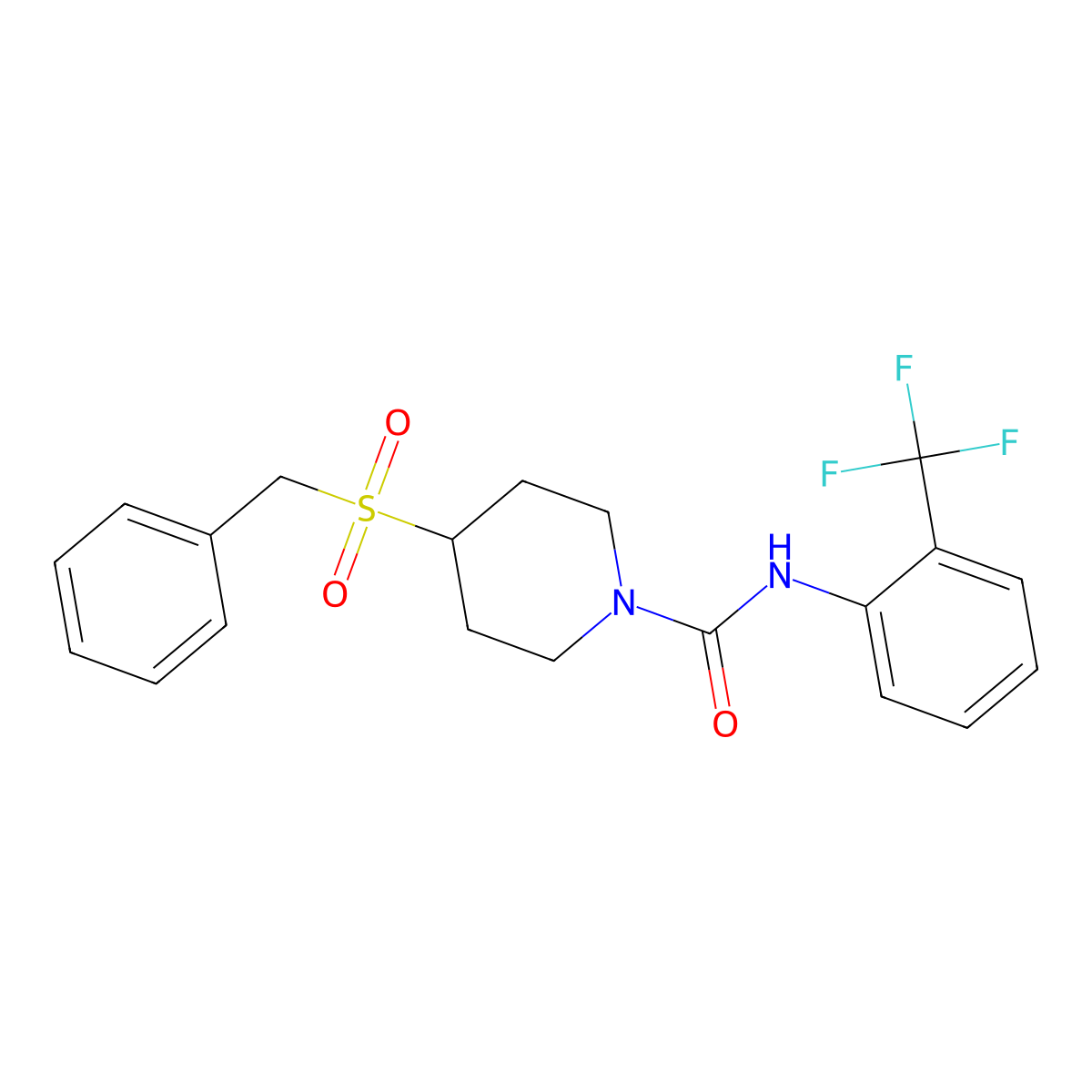 4-(benzylsulfonyl)-N-(2-(trifluoromethyl)phenyl)piperidine-1-carboxamide molecular structure, CAS 2034467-56-4