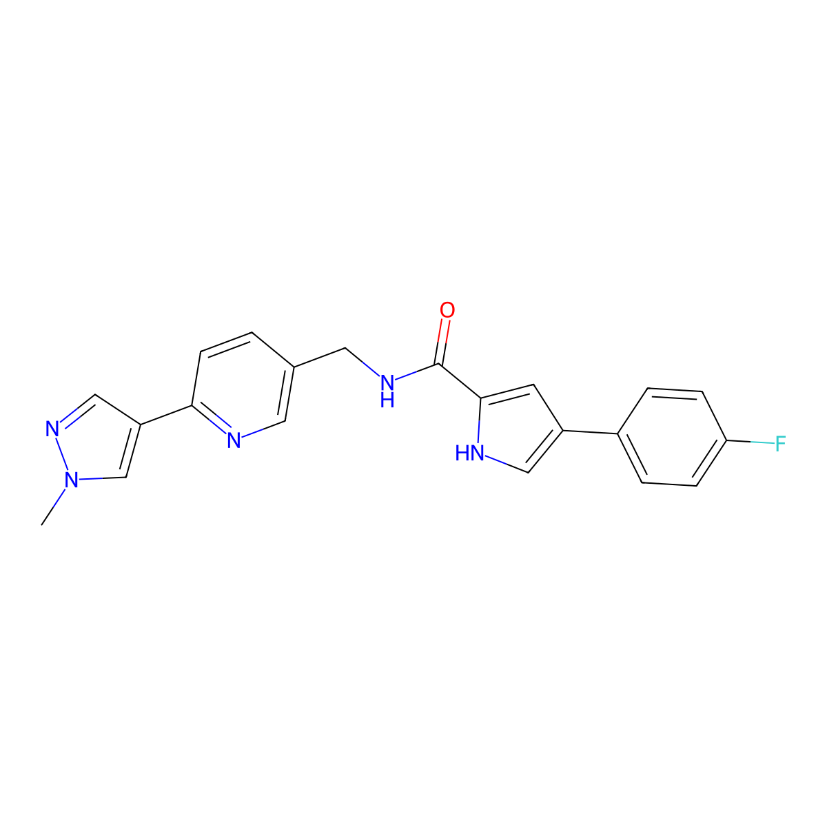 4-(4-fluorophenyl)-N-((6-(1-methyl-1H-pyrazol-4-yl)pyridin-3-yl)methyl)-1H-pyrrole-2-carboxamide molecular structure, CAS 2034467-57-5