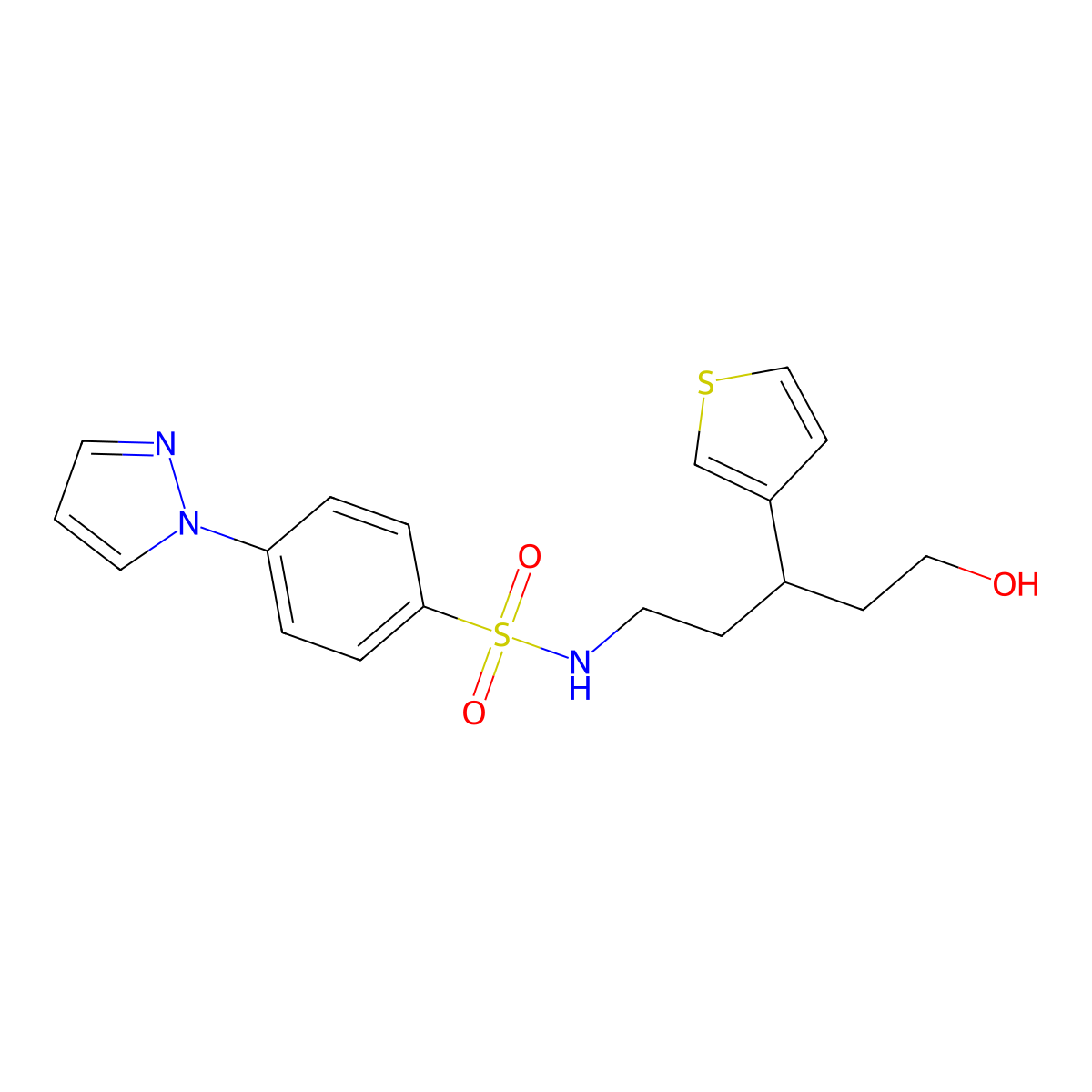 N-(5-hydroxy-3-(thiophen-3-yl)pentyl)-4-(1H-pyrazol-1-yl)benzenesulfonamide molecular structure, CAS 2034467-61-1