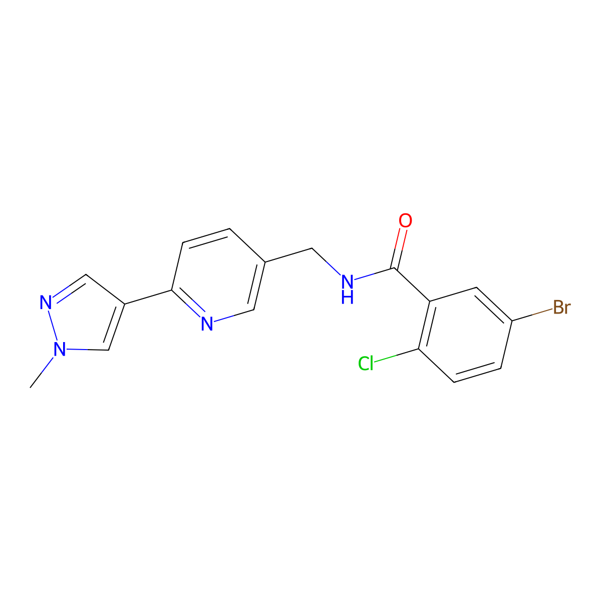 5-bromo-2-chloro-N-((6-(1-methyl-1H-pyrazol-4-yl)pyridin-3-yl)methyl)benzamide molecular structure, CAS 2034467-62-2