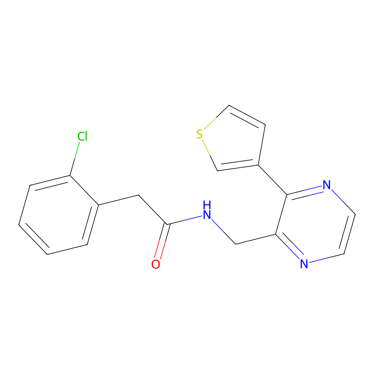 2-(2-chlorophenyl)-N-((3-(thiophen-3-yl)pyrazin-2-yl)methyl)acetamide molecular structure, CAS 2034467-65-5