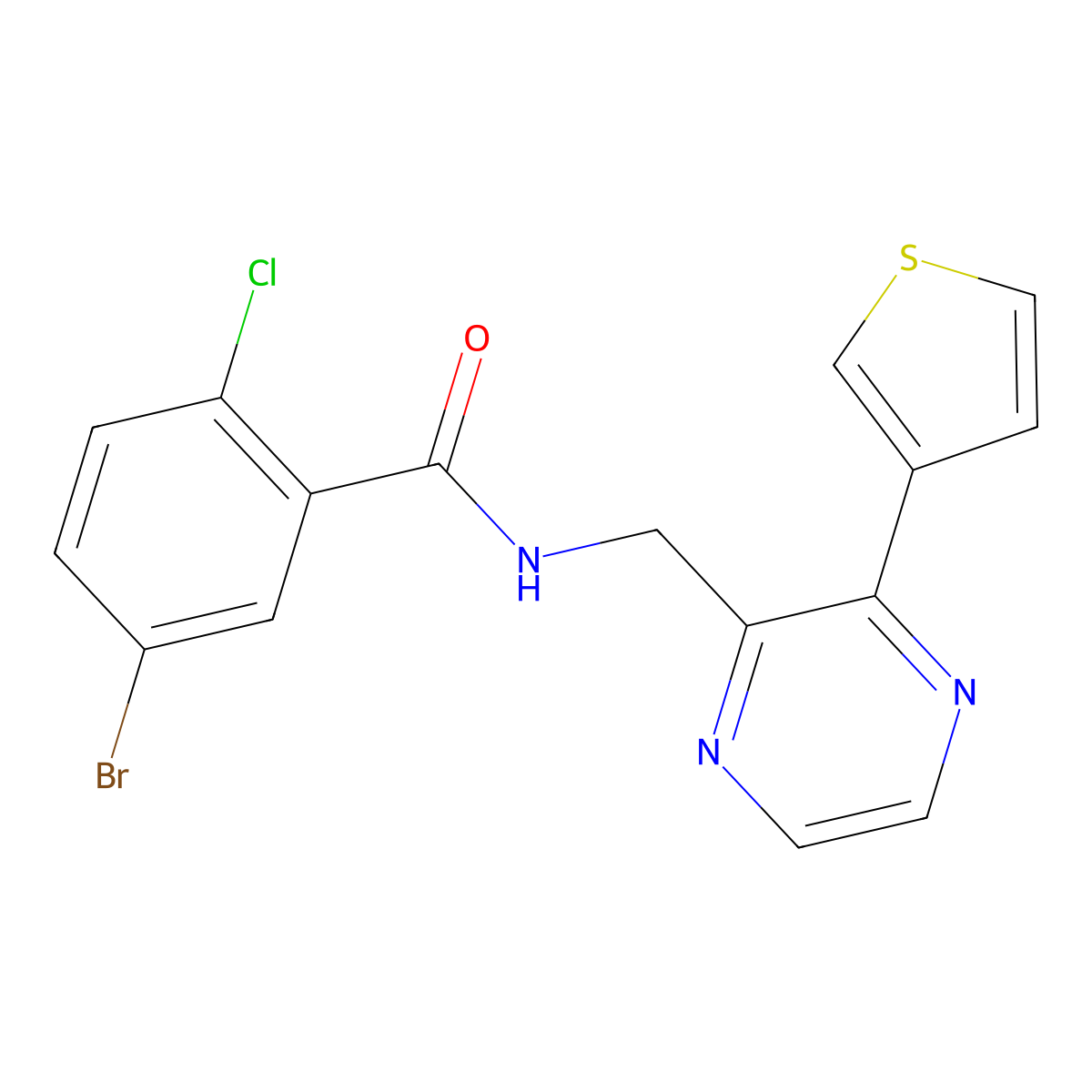 5-bromo-2-chloro-N-{[3-(thiophen-3-yl)pyrazin-2-yl]methyl}benzamide molecular structure, CAS 2034467-74-6