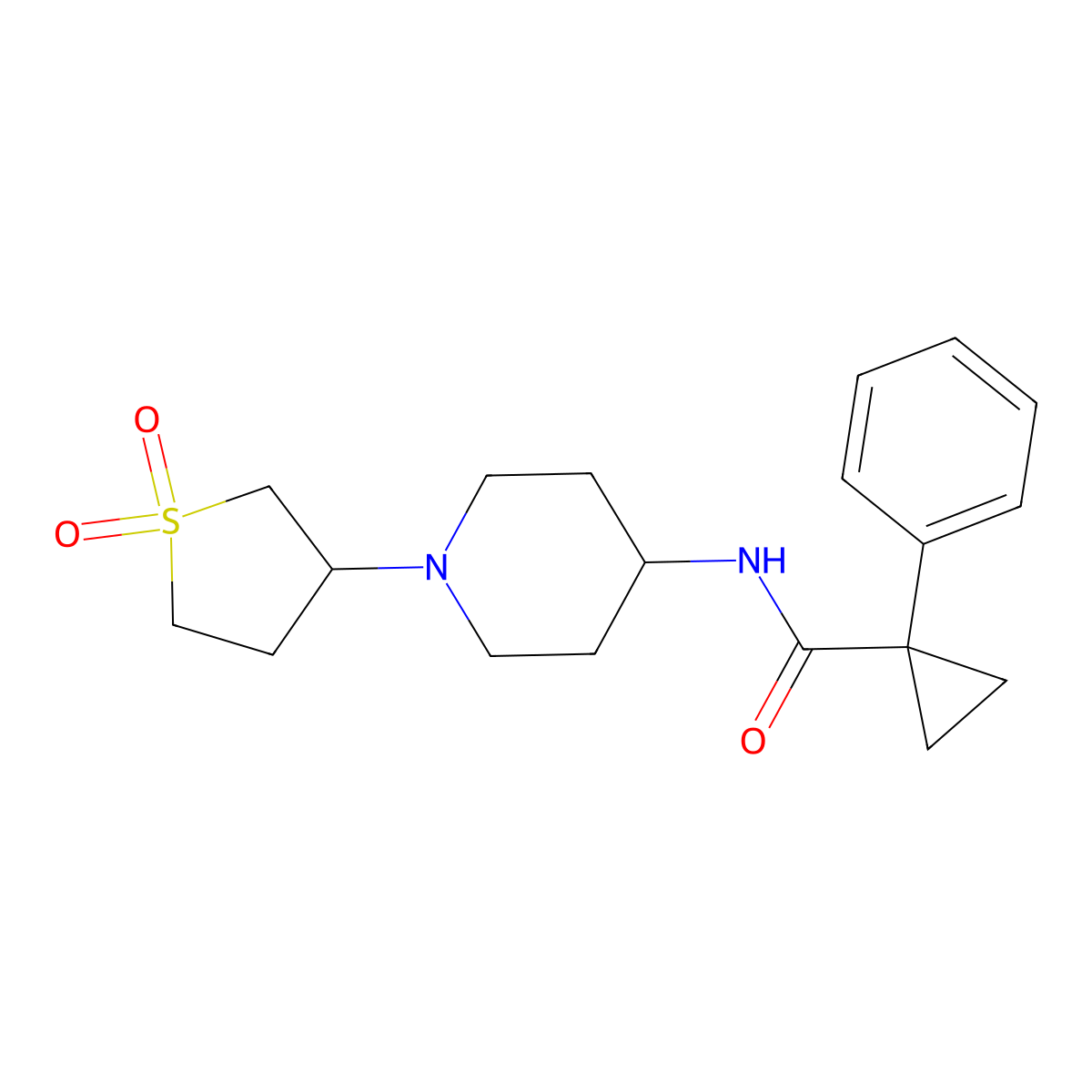 N-(1-(1,1-dioxidotetrahydrothiophen-3-yl)piperidin-4-yl)-1-phenylcyclopropanecarboxamide molecular structure, CAS 2034467-76-8