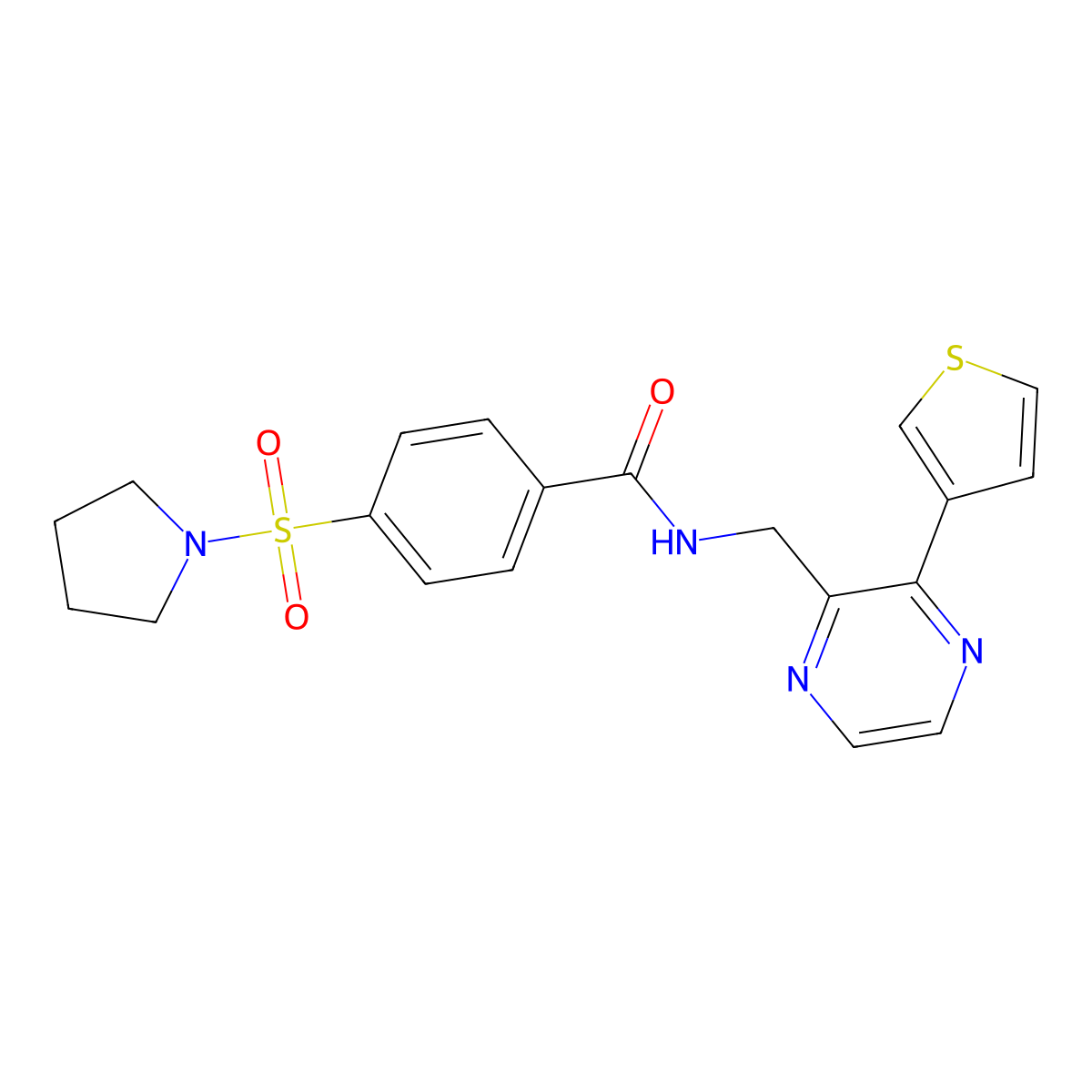 4-(pyrrolidin-1-ylsulfonyl)-N-((3-(thiophen-3-yl)pyrazin-2-yl)methyl)benzamide molecular structure, CAS 2034467-89-3