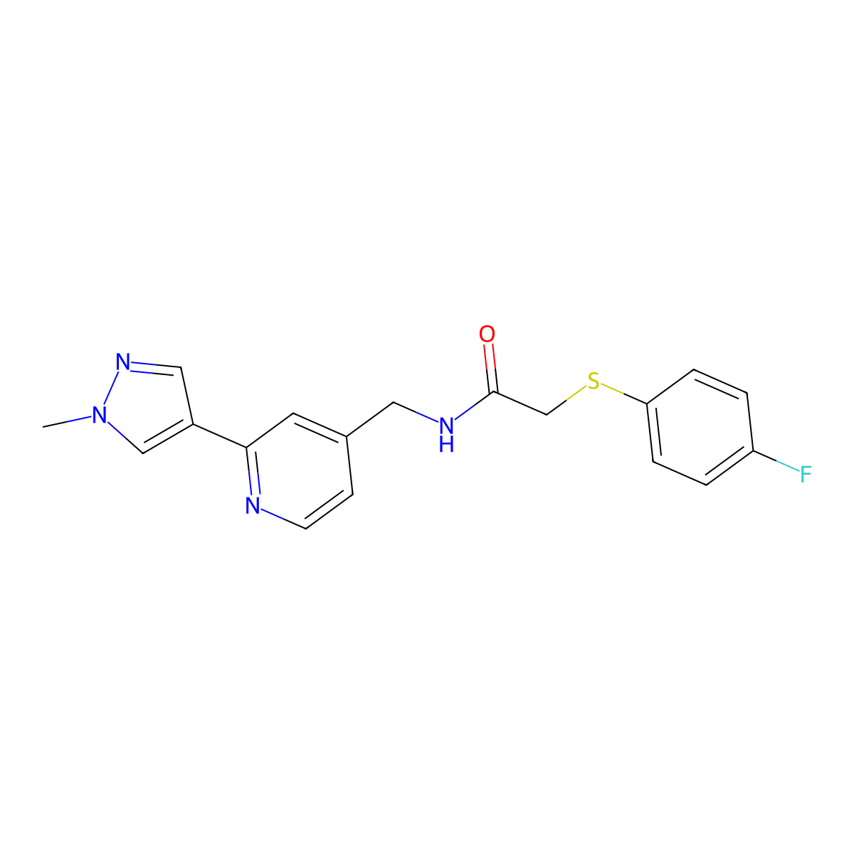2-[(4-fluorophenyl)sulfanyl]-N-{[2-(1-methyl-1H-pyrazol-4-yl)pyridin-4-yl]methyl}acetamide molecular structure, CAS 2034467-90-6