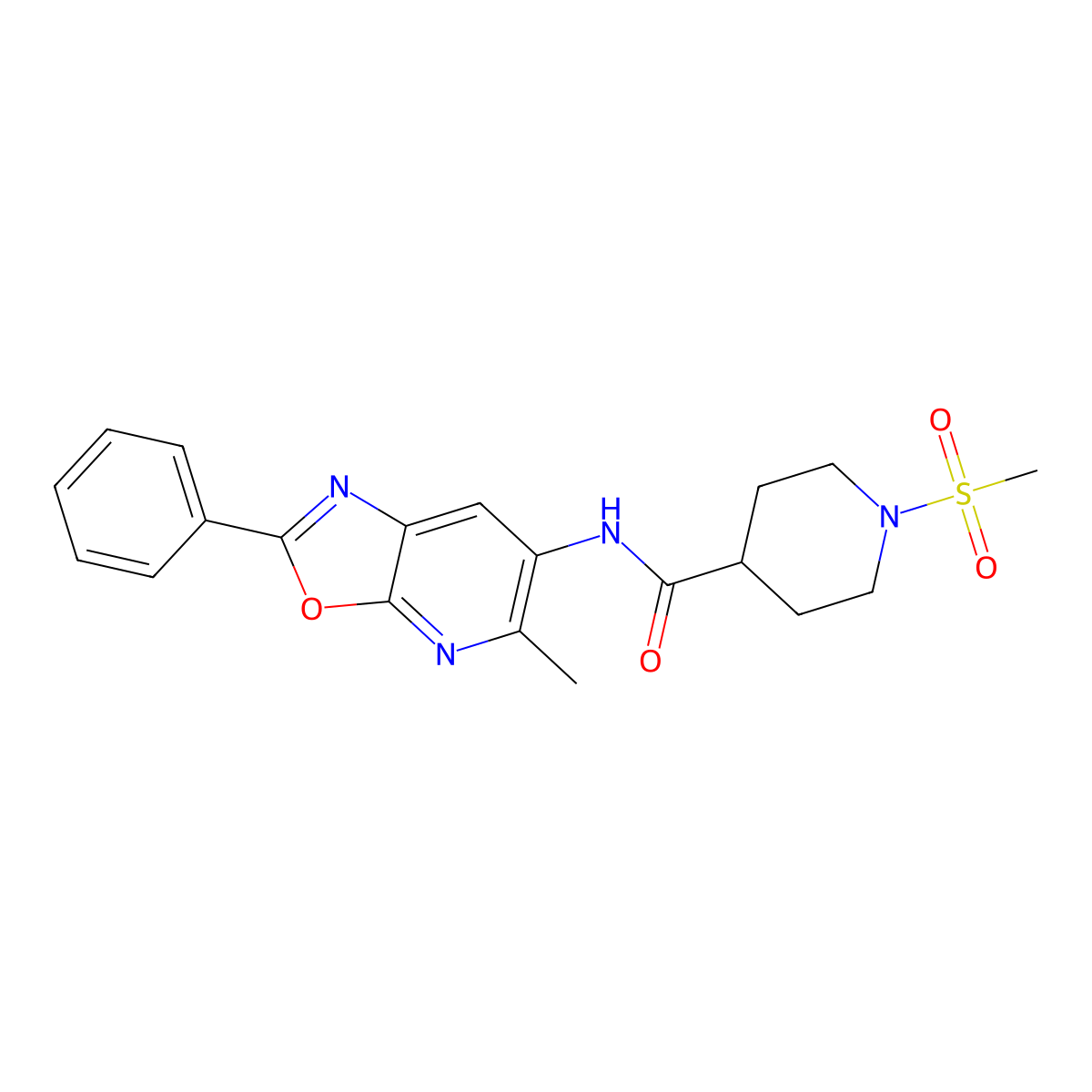 N-(5-methyl-2-phenyloxazolo[5,4-b]pyridin-6-yl)-1-(methylsulfonyl)piperidine-4-carboxamide molecular structure, CAS 2034468-05-6