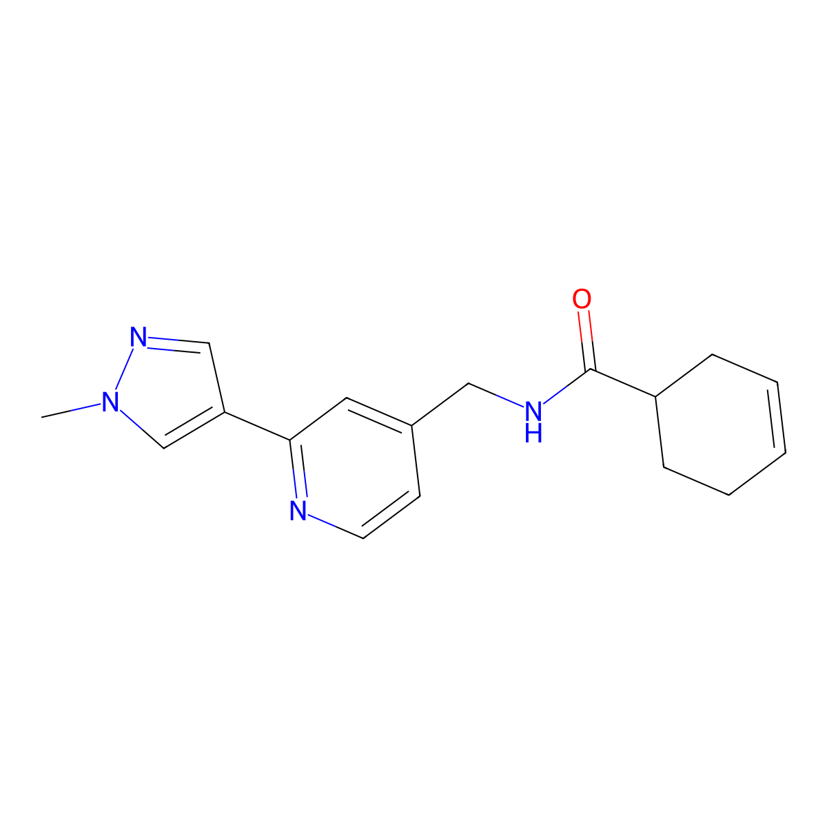 N-((2-(1-methyl-1H-pyrazol-4-yl)pyridin-4-yl)methyl)cyclohex-3-enecarboxamide molecular structure, CAS 2034468-06-7