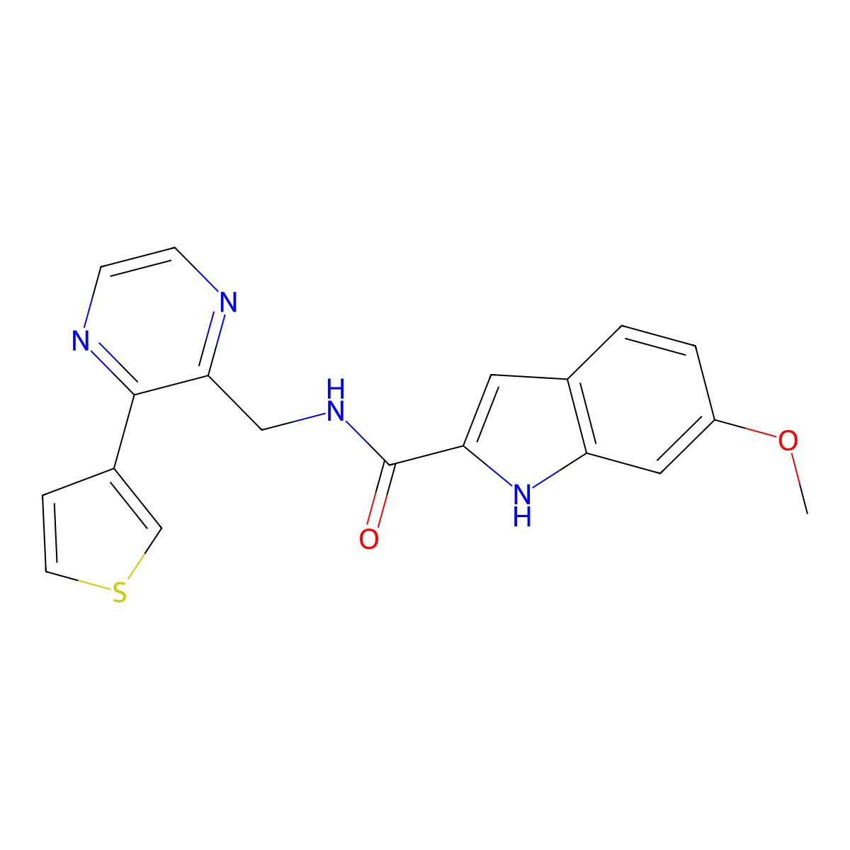 6-methoxy-N-{[3-(thiophen-3-yl)pyrazin-2-yl]methyl}-1H-indole-2-carboxamide molecular structure, CAS 2034468-08-9