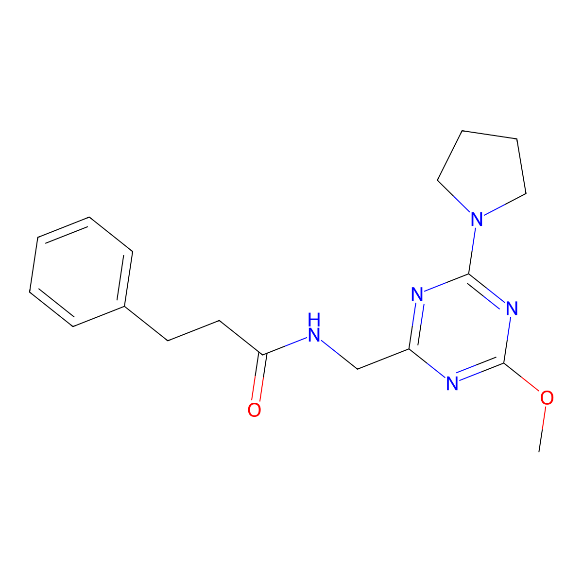 N-{[4-methoxy-6-(pyrrolidin-1-yl)-1,3,5-triazin-2-yl]methyl}-3-phenylpropanamide molecular structure, CAS 2034468-09-0