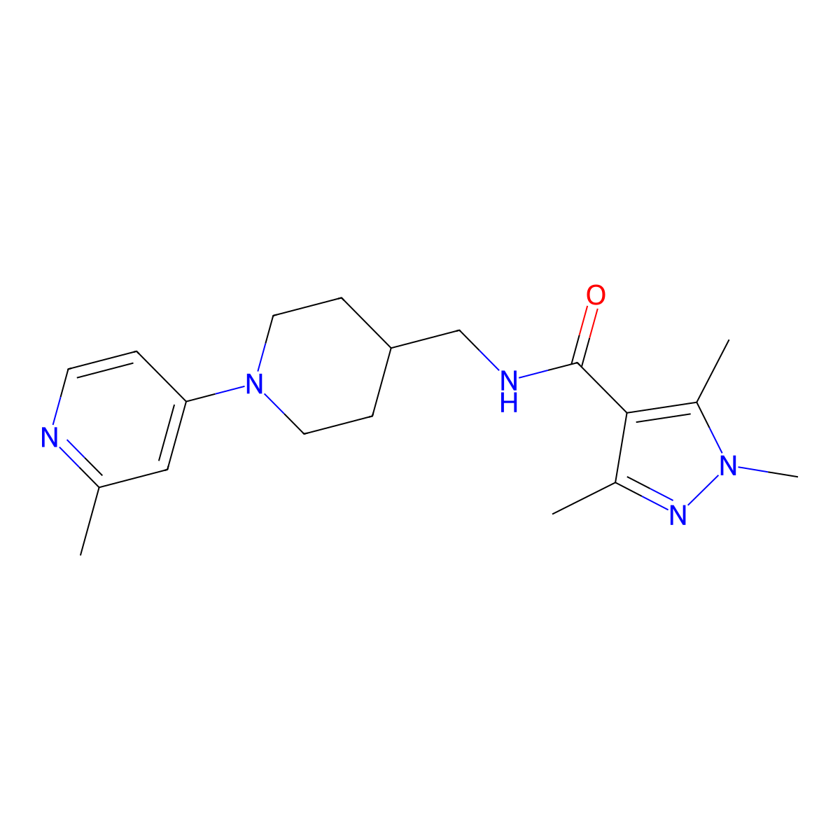 1,3,5-trimethyl-N-{[1-(2-methylpyridin-4-yl)piperidin-4-yl]methyl}-1H-pyrazole-4-carboxamide molecular structure, CAS 2034468-30-7