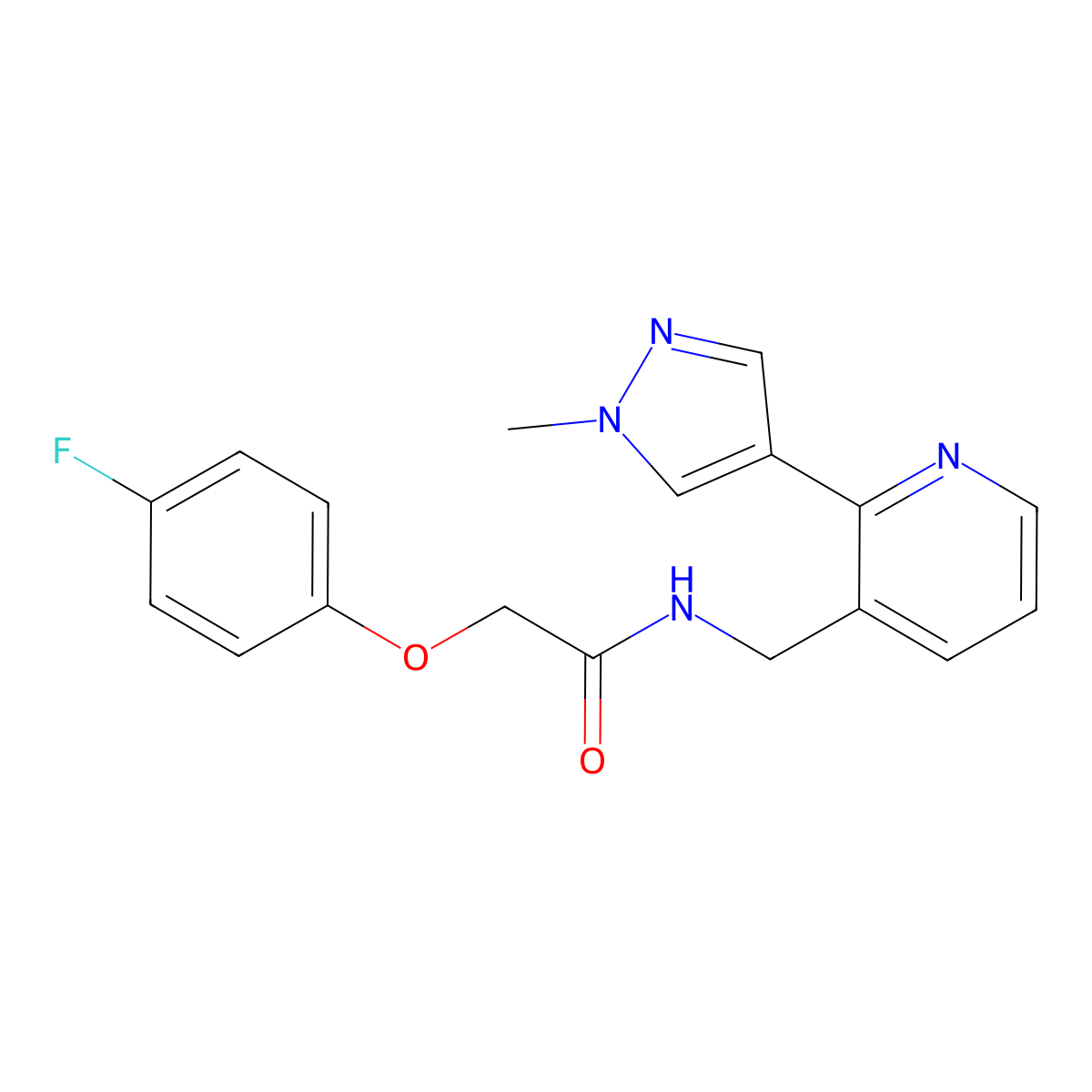 2-(4-fluorophenoxy)-N-{[2-(1-methyl-1H-pyrazol-4-yl)pyridin-3-yl]methyl}acetamide molecular structure, CAS 2034468-37-4