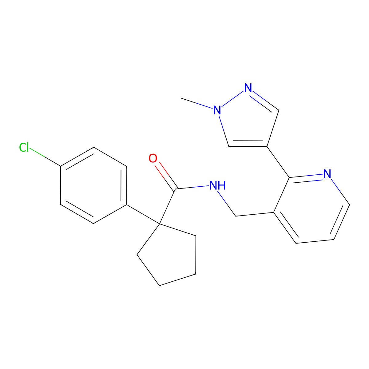 1-(4-chlorophenyl)-N-((2-(1-methyl-1H-pyrazol-4-yl)pyridin-3-yl)methyl)cyclopentanecarboxamide molecular structure, CAS 2034468-40-9