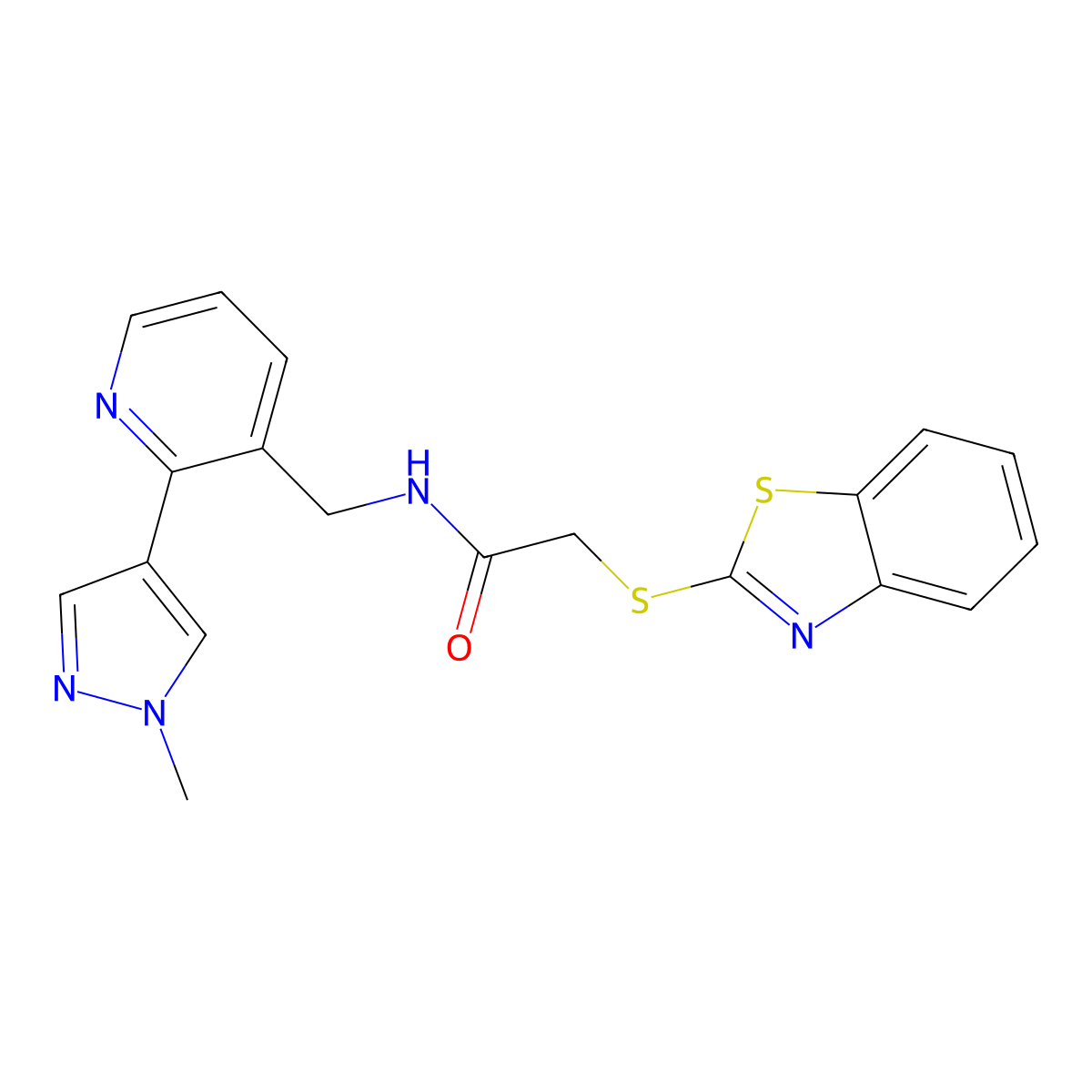 2-(benzo[d]thiazol-2-ylthio)-N-((2-(1-methyl-1H-pyrazol-4-yl)pyridin-3-yl)methyl)acetamide molecular structure, CAS 2034468-52-3