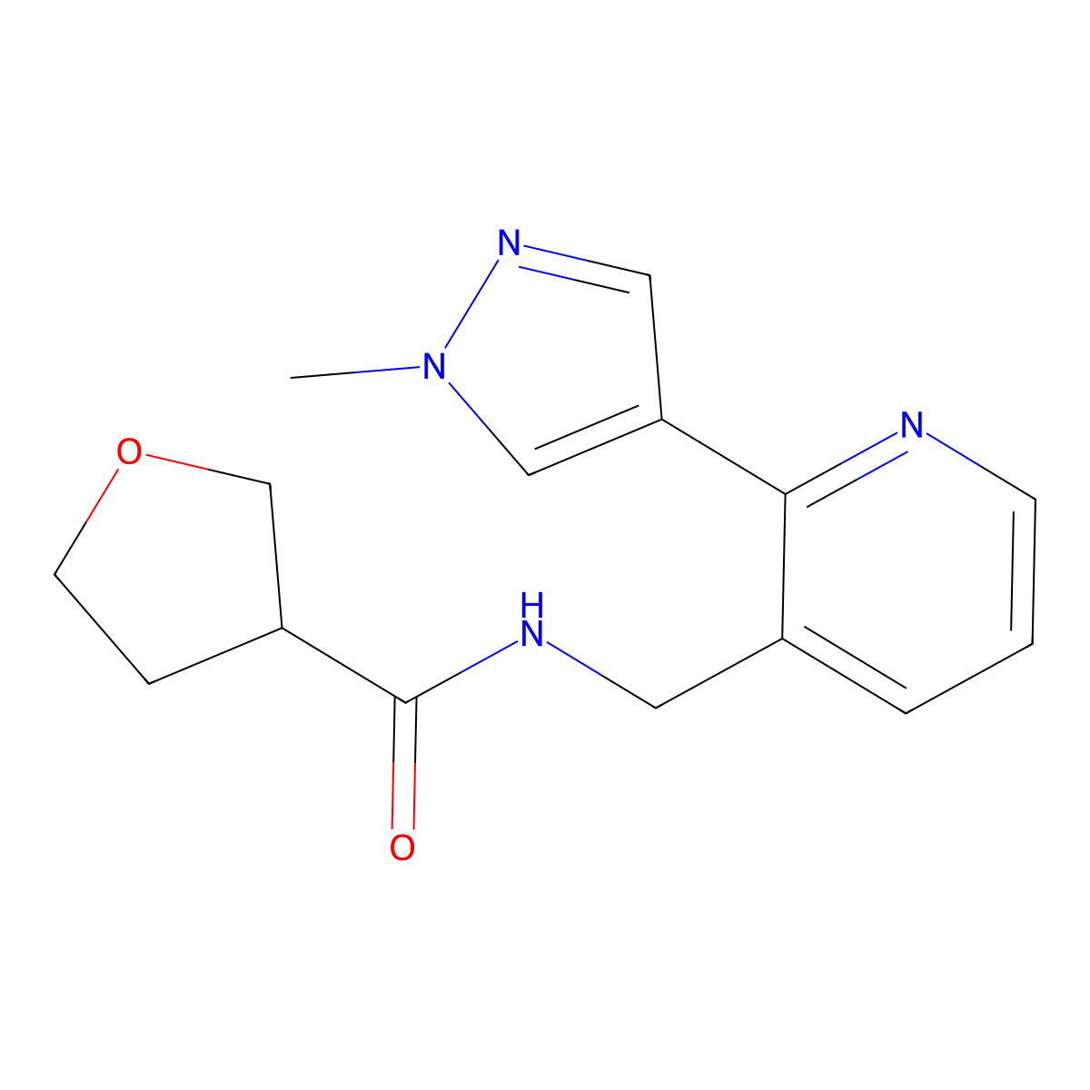 N-((2-(1-methyl-1H-pyrazol-4-yl)pyridin-3-yl)methyl)tetrahydrofuran-3-carboxamide molecular structure, CAS 2034468-59-0
