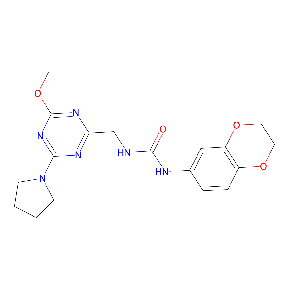 1-(2,3-Dihydrobenzo[b][1,4]dioxin-6-yl)-3-((4-methoxy-6-(pyrrolidin-1-yl)-1,3,5-triazin-2-yl)methyl)urea molecular structure, CAS 2034468-72-7