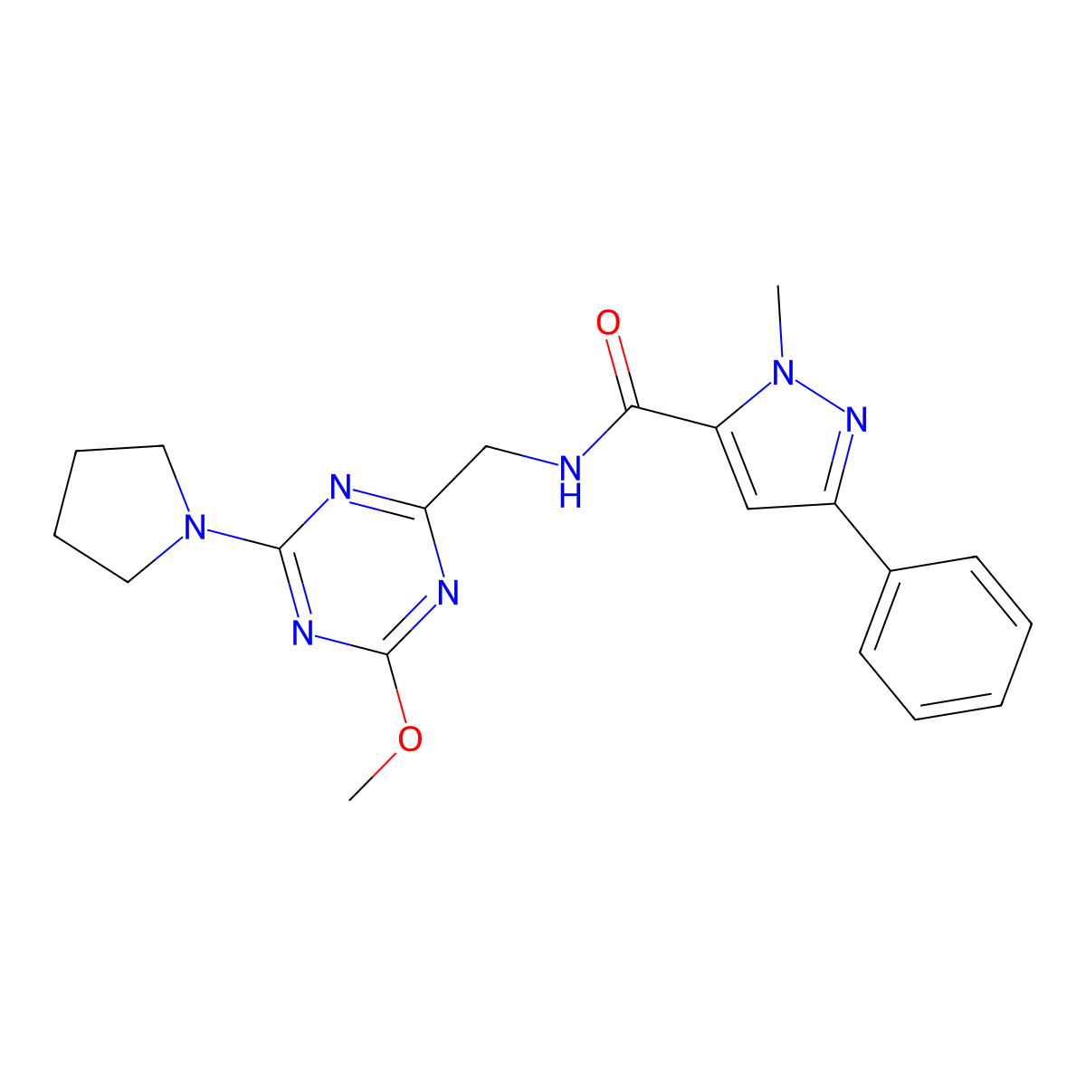 N-{[4-methoxy-6-(pyrrolidin-1-yl)-1,3,5-triazin-2-yl]methyl}-1-methyl-3-phenyl-1H-pyrazole-5-carboxamide molecular structure, CAS 2034468-90-9