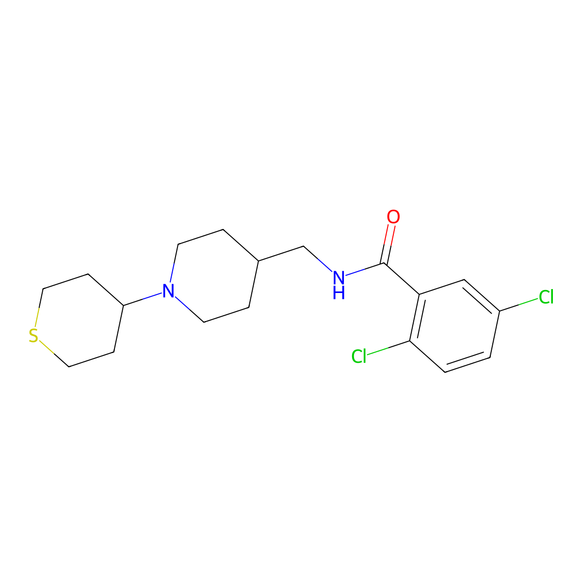 2,5-dichloro-N-((1-(tetrahydro-2H-thiopyran-4-yl)piperidin-4-yl)methyl)benzamide molecular structure, CAS 2034468-94-3
