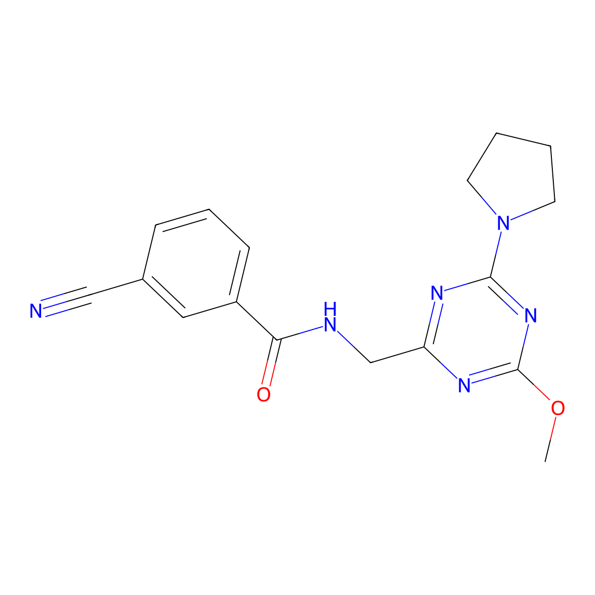 3-cyano-N-((4-methoxy-6-(pyrrolidin-1-yl)-1,3,5-triazin-2-yl)methyl)benzamide molecular structure, CAS 2034468-98-7
