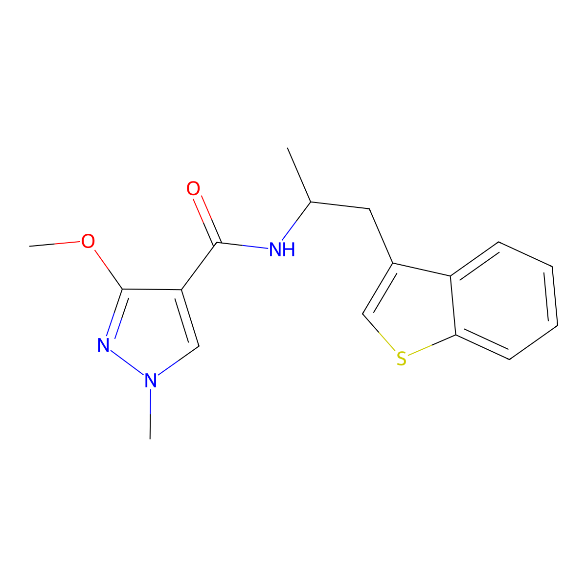 N-(1-(benzo[b]thiophen-3-yl)propan-2-yl)-3-methoxy-1-methyl-1H-pyrazole-4-carboxamide molecular structure, CAS 2034468-99-8