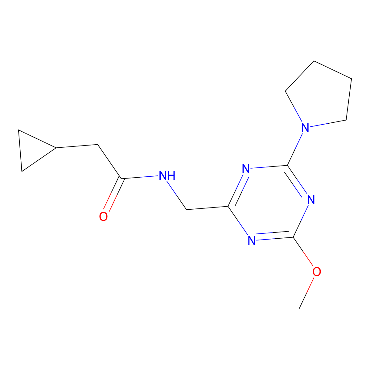 2-cyclopropyl-N-((4-methoxy-6-(pyrrolidin-1-yl)-1,3,5-triazin-2-yl)methyl)acetamide molecular structure, CAS 2034469-06-0