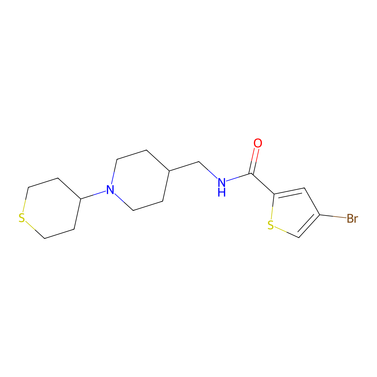 4-bromo-N-((1-(tetrahydro-2H-thiopyran-4-yl)piperidin-4-yl)methyl)thiophene-2-carboxamide molecular structure, CAS 2034469-14-0