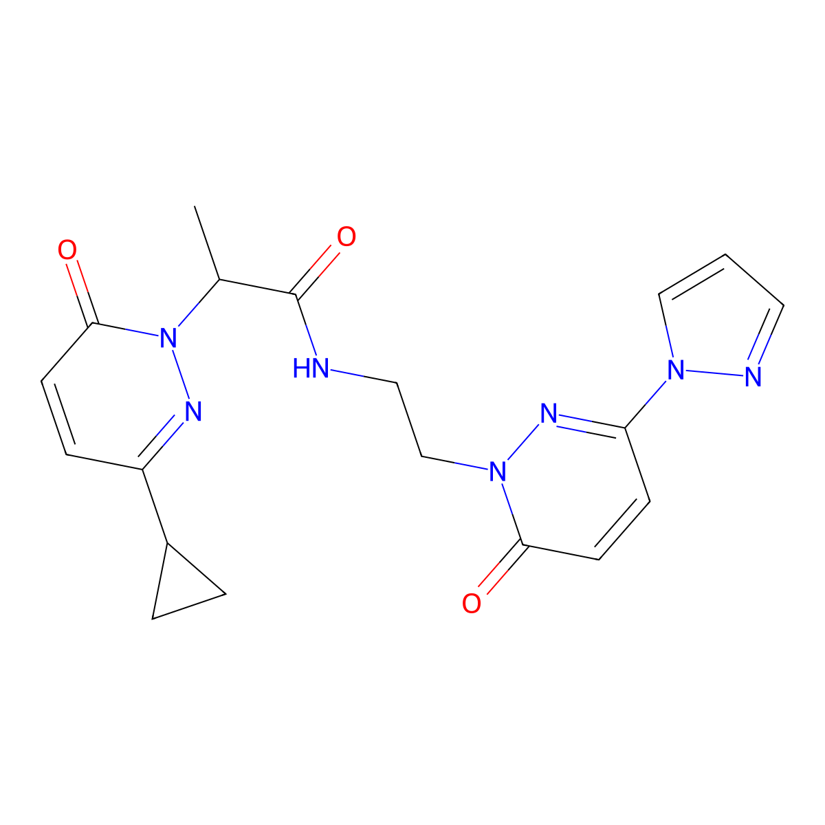 2-(3-cyclopropyl-6-oxopyridazin-1(6H)-yl)-N-(2-(6-oxo-3-(1H-pyrazol-1-yl)pyridazin-1(6H)-yl)ethyl)propanamide molecular structure, CAS 2034469-20-8