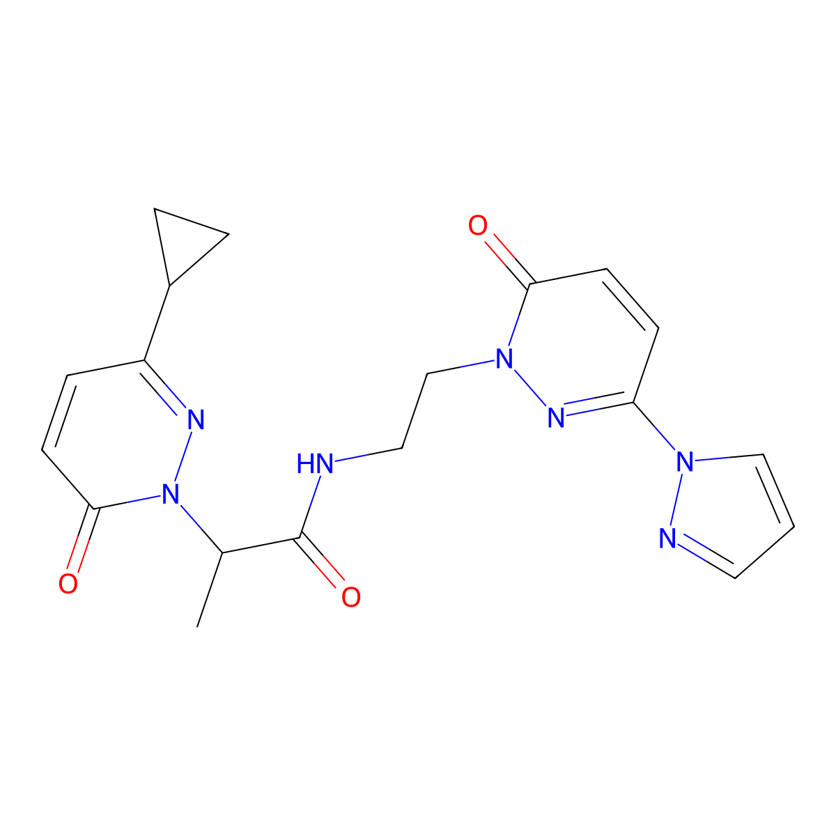 2-(3-cyclopropyl-6-oxopyridazin-1(6H)-yl)-N-(2-(6-oxo-3-(1H-pyrazol-1-yl)pyridazin-1(6H)-yl)ethyl)propanamide molecular structure, CAS 2034469-20-8