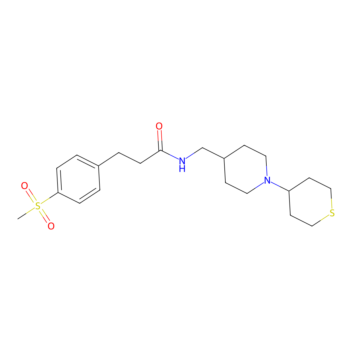 3-(4-(methylsulfonyl)phenyl)-N-((1-(tetrahydro-2H-thiopyran-4-yl)piperidin-4-yl)methyl)propanamide molecular structure, CAS 2034469-22-0