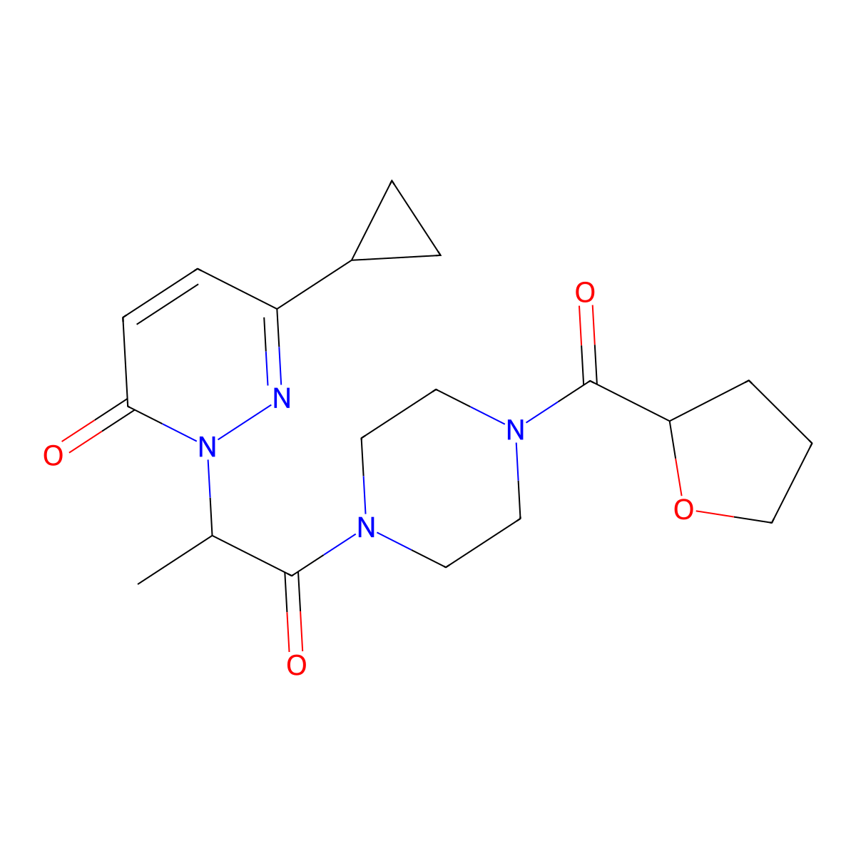 6-cyclopropyl-2-(1-oxo-1-(4-(tetrahydrofuran-2-carbonyl)piperazin-1-yl)propan-2-yl)pyridazin-3(2H)-one molecular structure, CAS 2034469-25-3
