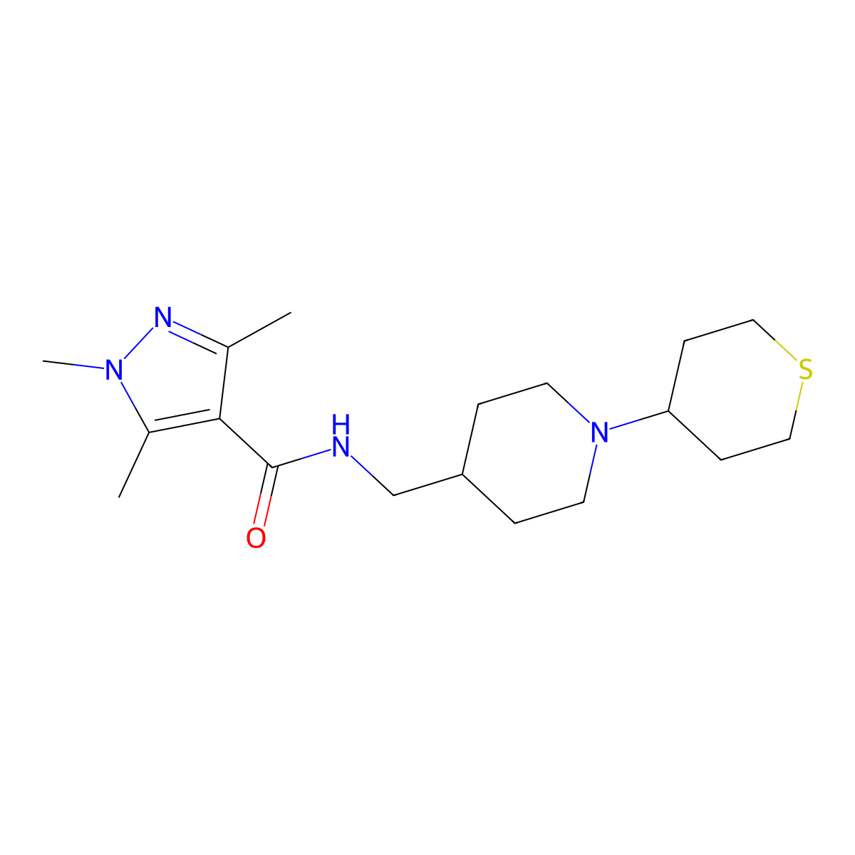 1,3,5-trimethyl-N-((1-(tetrahydro-2H-thiopyran-4-yl)piperidin-4-yl)methyl)-1H-pyrazole-4-carboxamide molecular structure, CAS 2034469-27-5