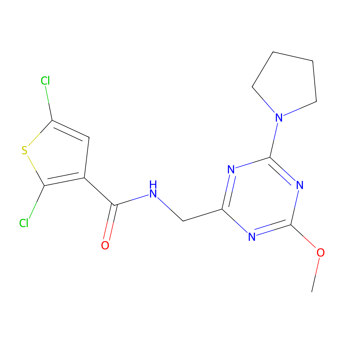 2,5-dichloro-N-{[4-methoxy-6-(pyrrolidin-1-yl)-1,3,5-triazin-2-yl]methyl}thiophene-3-carboxamide molecular structure, CAS 2034469-29-7