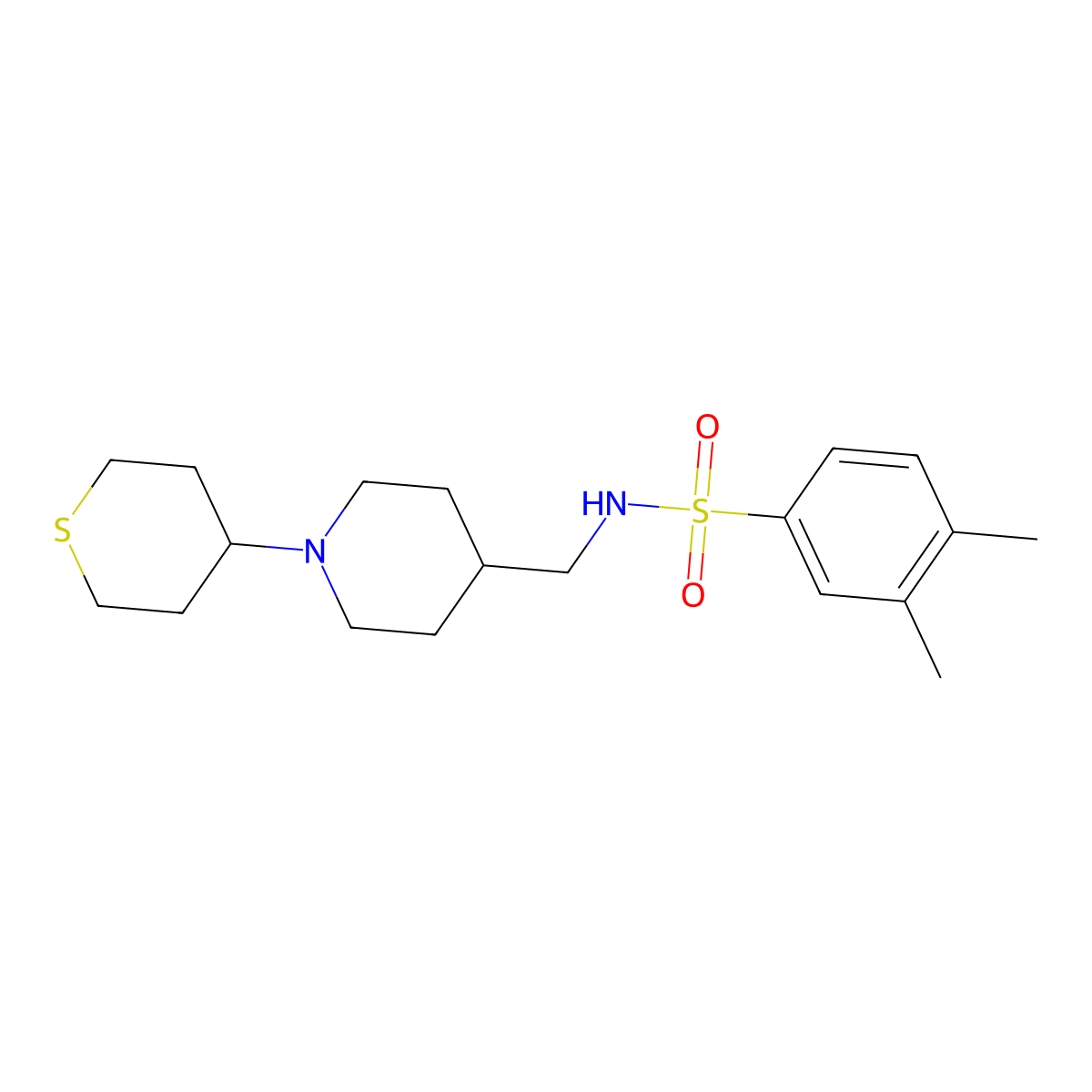 3,4-dimethyl-N-((1-(tetrahydro-2H-thiopyran-4-yl)piperidin-4-yl)methyl)benzenesulfonamide molecular structure, CAS 2034469-32-2