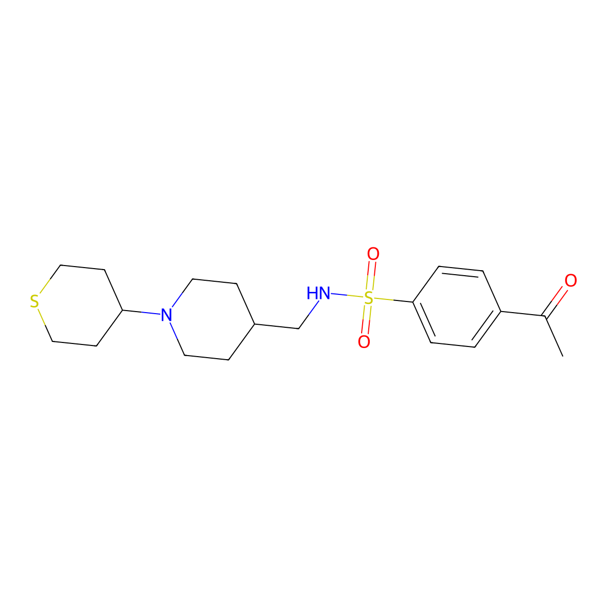 4-acetyl-N-((1-(tetrahydro-2H-thiopyran-4-yl)piperidin-4-yl)methyl)benzenesulfonamide molecular structure, CAS 2034469-40-2