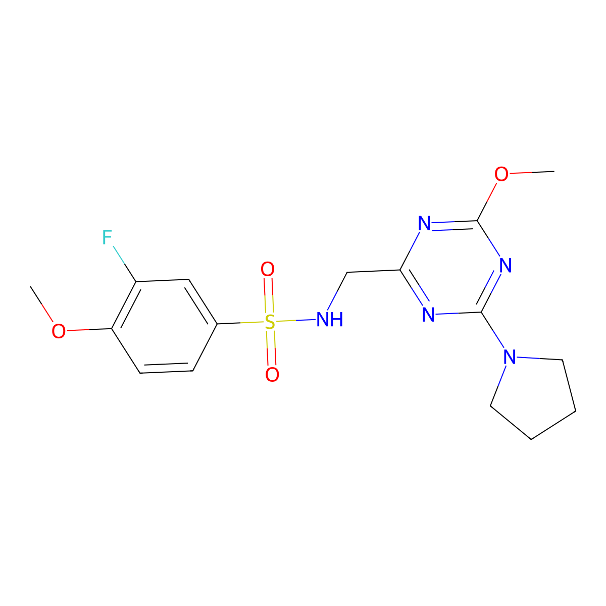 3-fluoro-4-methoxy-N-((4-methoxy-6-(pyrrolidin-1-yl)-1,3,5-triazin-2-yl)methyl)benzenesulfonamide molecular structure, CAS 2034469-45-7