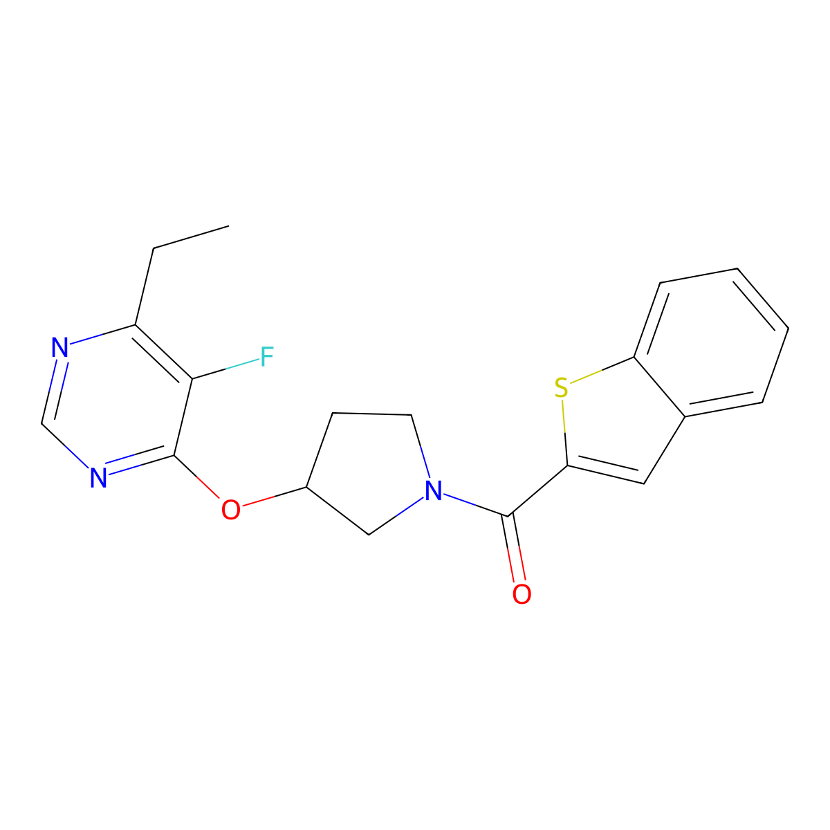 Benzo[b]thiophen-2-yl(3-((6-ethyl-5-fluoropyrimidin-4-yl)oxy)pyrrolidin-1-yl)methanone molecular structure, CAS 2034469-46-8
