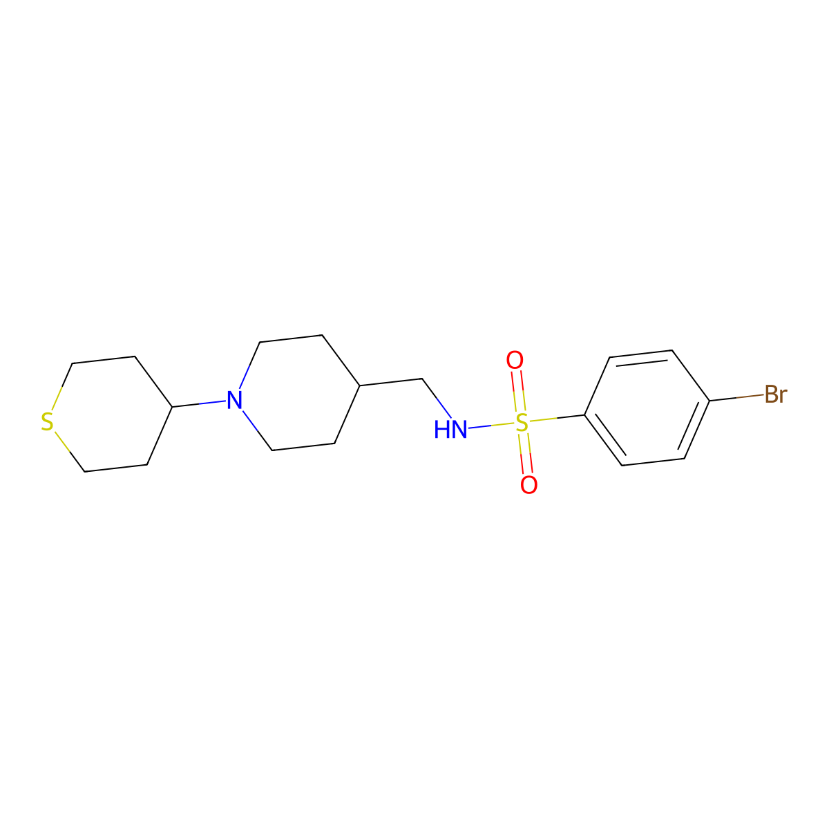 4-bromo-N-((1-(tetrahydro-2H-thiopyran-4-yl)piperidin-4-yl)methyl)benzenesulfonamide molecular structure, CAS 2034469-49-1