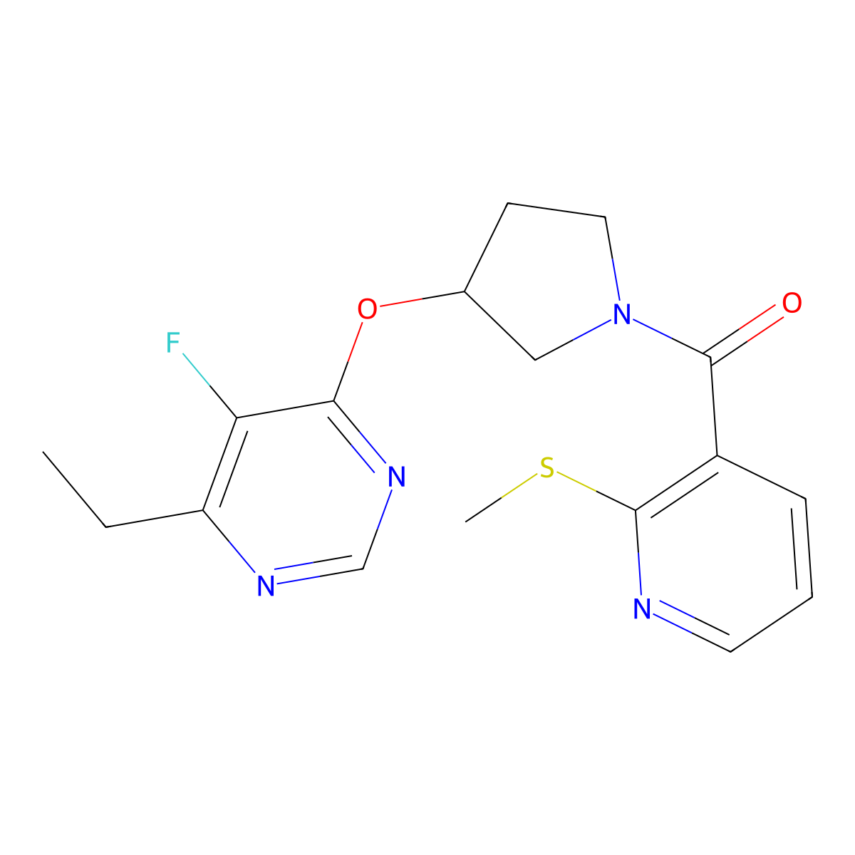 (3-((6-Ethyl-5-fluoropyrimidin-4-yl)oxy)pyrrolidin-1-yl)(2-(methylthio)pyridin-3-yl)methanone molecular structure, CAS 2034469-53-7