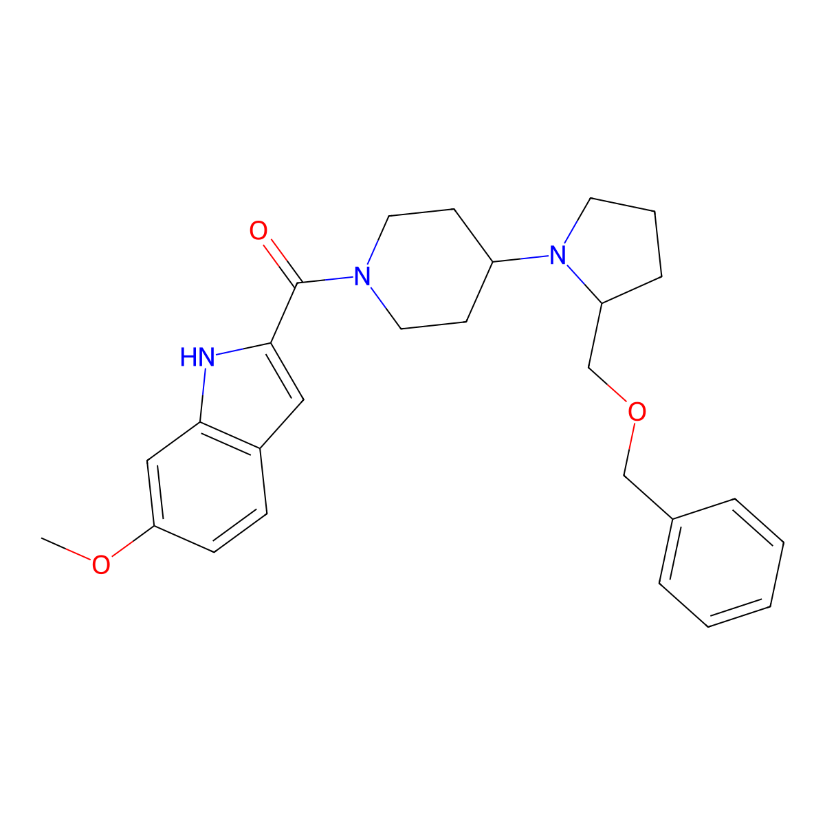 (4-(2-((benzyloxy)methyl)pyrrolidin-1-yl)piperidin-1-yl)(6-methoxy-1H-indol-2-yl)methanone molecular structure, CAS 2034469-54-8