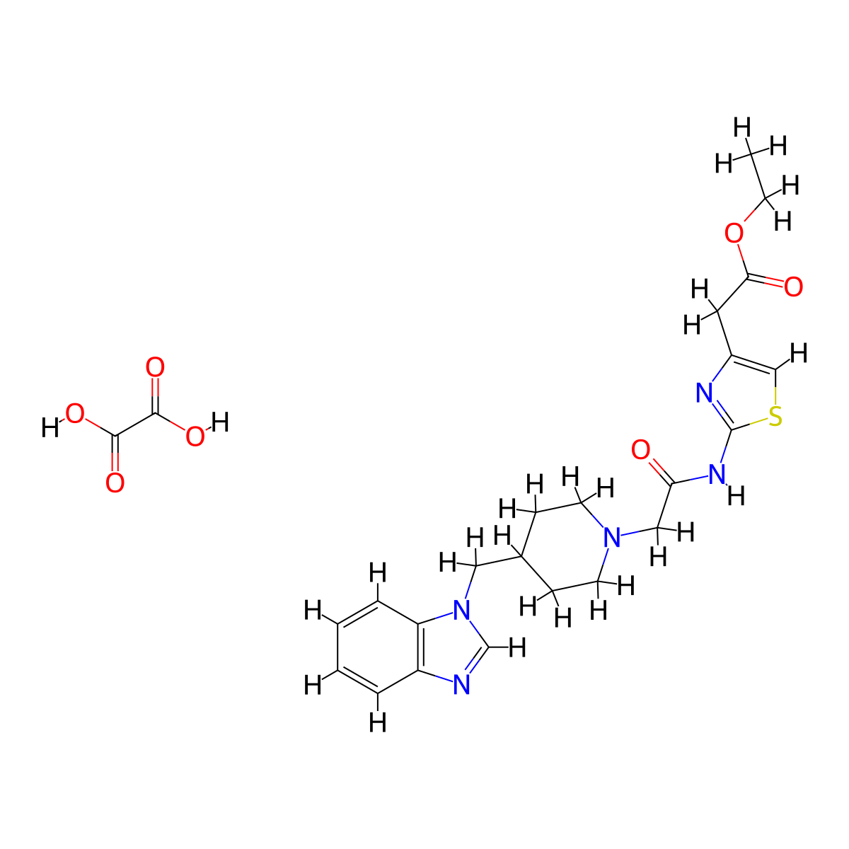 ethyl 2-(2-(2-(4-((1H-benzo[d]imidazol-1-yl)methyl)piperidin-1-yl)acetamido)thiazol-4-yl)acetate oxalate molecular structure, CAS 2034469-58-2