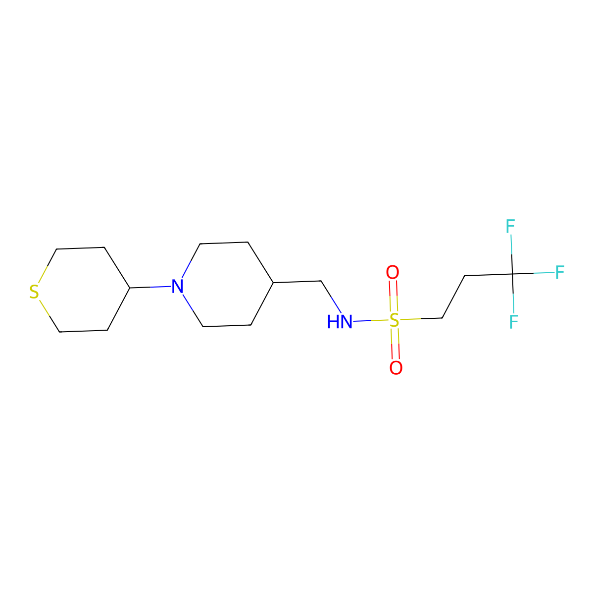 3,3,3-trifluoro-N-((1-(tetrahydro-2H-thiopyran-4-yl)piperidin-4-yl)methyl)propane-1-sulfonamide molecular structure, CAS 2034469-59-3