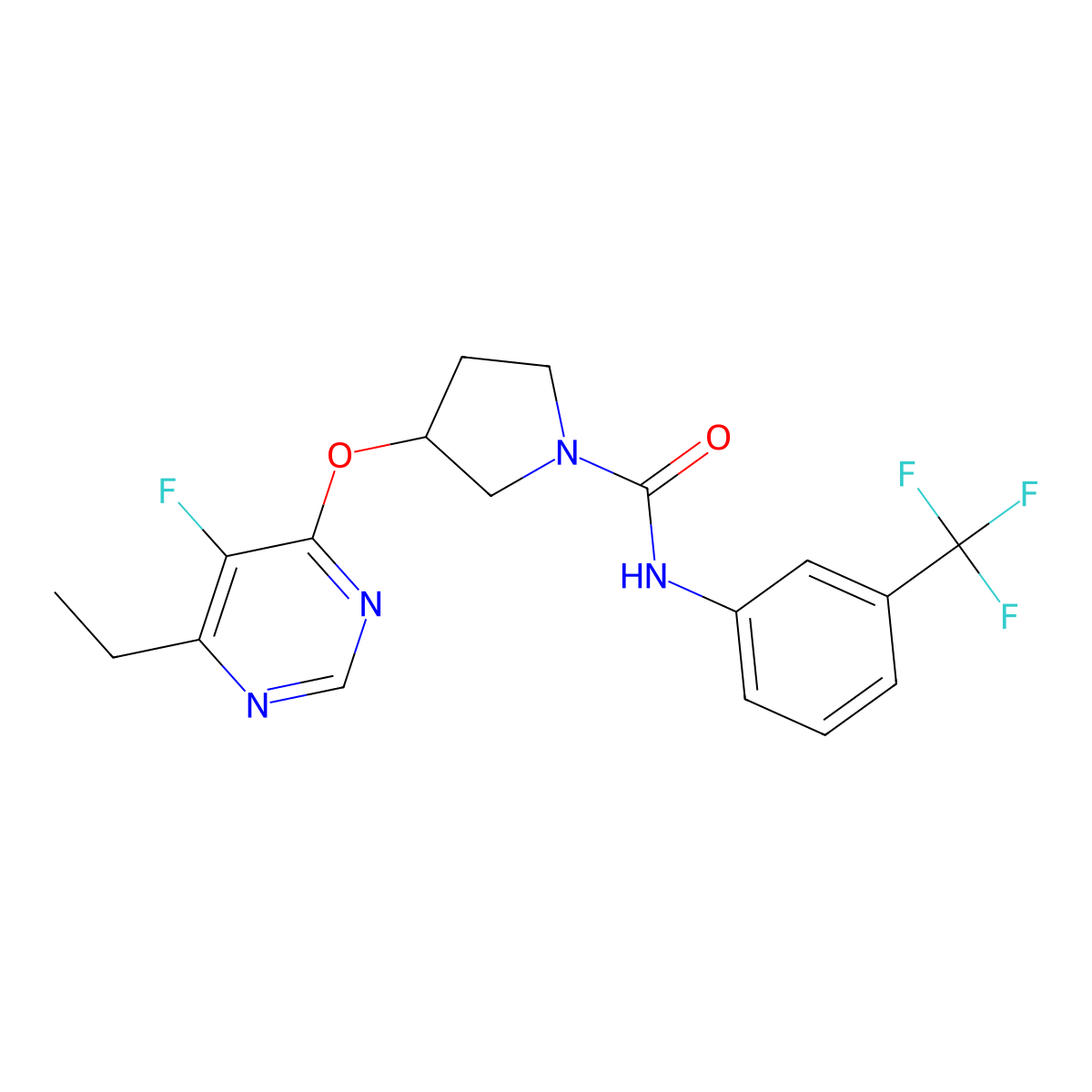 3-((6-ethyl-5-fluoropyrimidin-4-yl)oxy)-N-(3-(trifluoromethyl)phenyl)pyrrolidine-1-carboxamide molecular structure, CAS 2034469-60-6