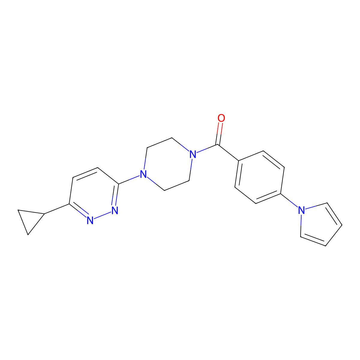 (4-(1H-pyrrol-1-yl)phenyl)(4-(6-cyclopropylpyridazin-3-yl)piperazin-1-yl)methanone molecular structure, CAS 2034469-61-7