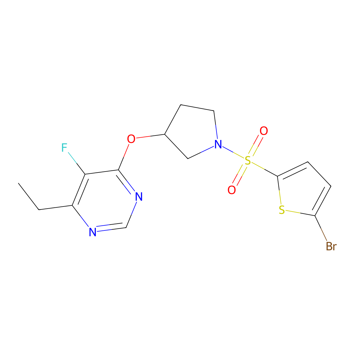 4-((1-((5-Bromothiophen-2-yl)sulfonyl)pyrrolidin-3-yl)oxy)-6-ethyl-5-fluoropyrimidine molecular structure, CAS 2034469-69-5