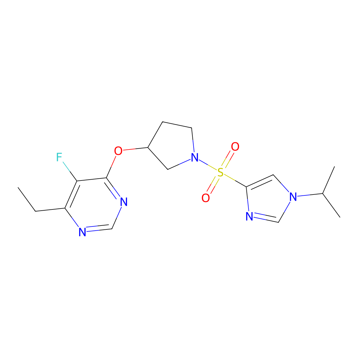 4-ethyl-5-fluoro-6-((1-((1-isopropyl-1H-imidazol-4-yl)sulfonyl)pyrrolidin-3-yl)oxy)pyrimidine molecular structure, CAS 2034469-77-5