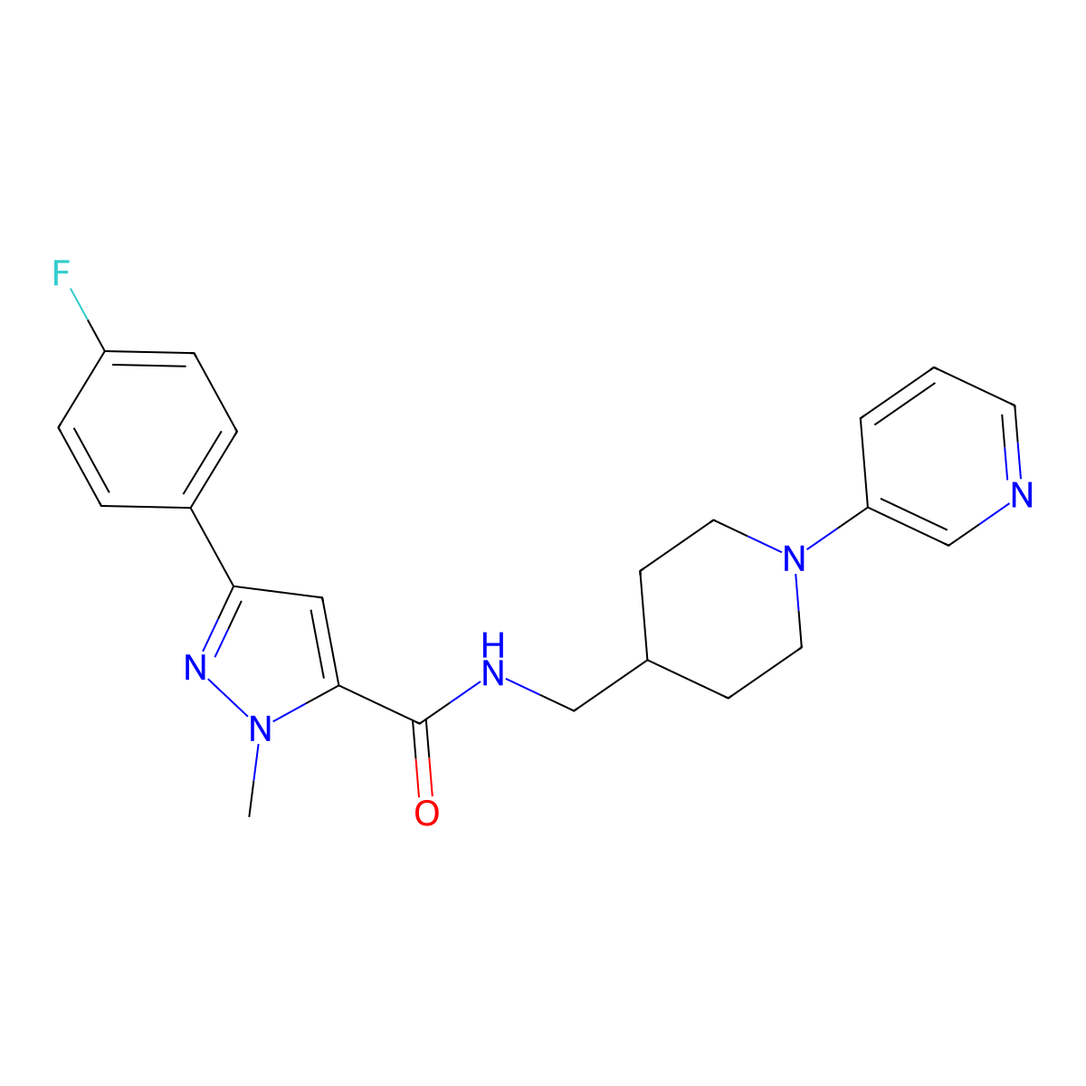 3-(4-fluorophenyl)-1-methyl-N-((1-(pyridin-3-yl)piperidin-4-yl)methyl)-1H-pyrazole-5-carboxamide molecular structure, CAS 2034469-80-0