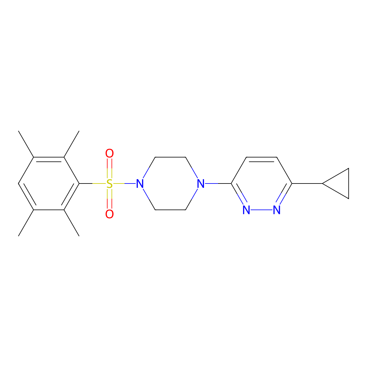 3-Cyclopropyl-6-(4-((2,3,5,6-tetramethylphenyl)sulfonyl)piperazin-1-yl)pyridazine molecular structure, CAS 2034469-85-5